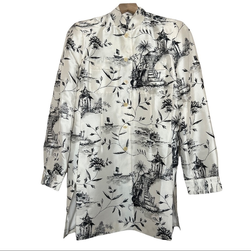 VINTAGE Silk Toile Japanese Print High Neck Button Front Long Nehru Jacket‎ 4